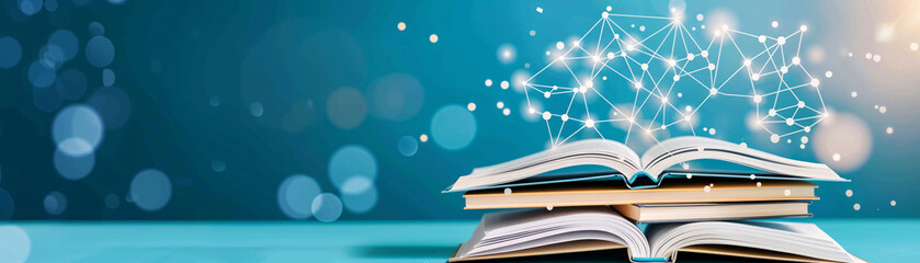 Open books with a digital network concept, representing knowledge sharing, data connection, or digital learning in a blue abstract background.