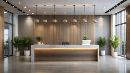 Elegant Office Lobby with Wooden Wall Panels and Minimalist Design