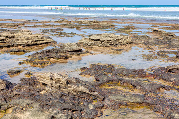 Rocky beach with a surfers on distance. Surfing vacation at Canary Islands