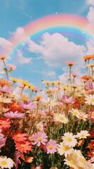 Flowers rainbow field sky.