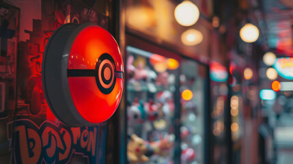 Pok�mon logo and brand signage displayed in a toy games shop, trading card packaging, or blister store, catering to enthusiasts and collectors of Pok�mon merchandise.