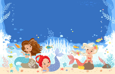 Hand drawn vector illustration of a cute mermaids in the underwater world. Background for children. Underwater sea life of coral reef