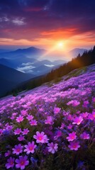 Obraz premium Meadow of spring flowers sun landscape mountain.