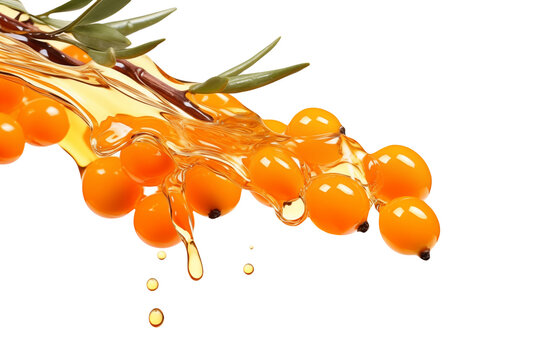 Branch of sea buckthorn berries in a splash of oil isolated on a transparent background.