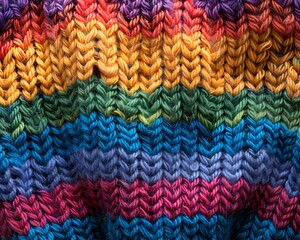 Handcrafted rainbow knit sweater in vivid multicolored hues for a cozy homemade touch