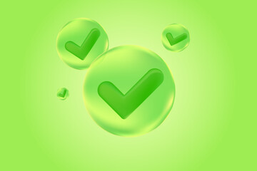 Vector 3d Check mark realistic success icon. Trendy glass texture checkmark, select ecological icon with green background. Green yes button. 3d tick illustration for web, design, app