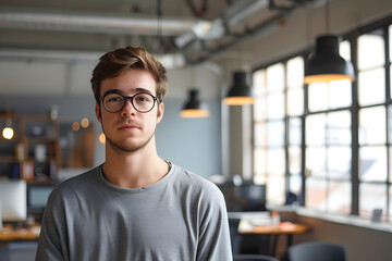 Fototapeta premium A dynamic portrait of a young male entrepreneur, looking focused, with a startup office setting in the background.