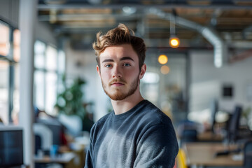 Obraz premium A dynamic portrait of a young male entrepreneur, looking focused, with a startup office setting in the background. 