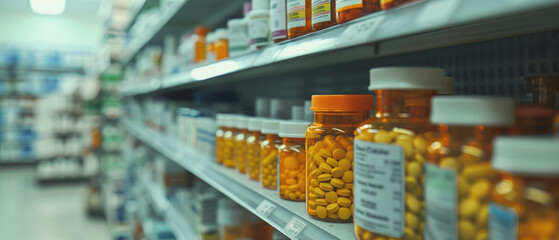 Fototapeta premium A close-up shot of shelves in a pharmacy with various pills and bottles, showcasing an array of different medical products