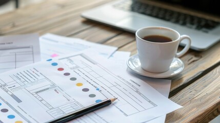 Stack of consumer research questionnaire documents next to a laptop and a cup of coffee. Consumer research questionnaire document