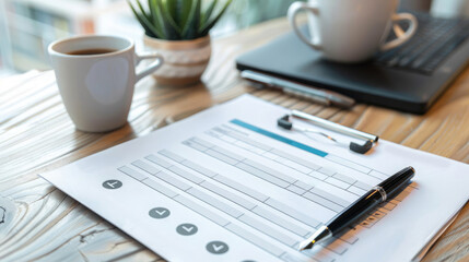 Consumer research questionnaire on a clean desk with pen and coffee cup. Consumer research questionnaire document