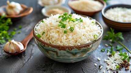 A bowl of rice with herbs and garlic.