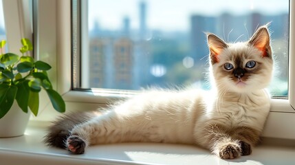 Sunny Urban Retreat: Adorable Birman Kitten Relaxing on Windowsill with City View and Playful Shadows