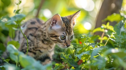 Curious Ocicat Kitten Exploring Lush Green Garden Bathed in Bright Natural Light
