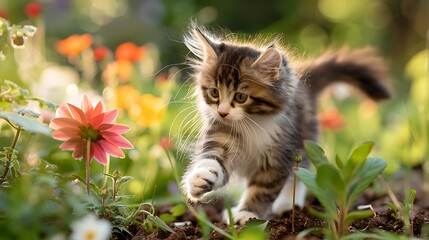 Fluffy Turkish Van Kitten Frolicking in Sun-Dappled Garden with Colorful Flowers and Soft Light