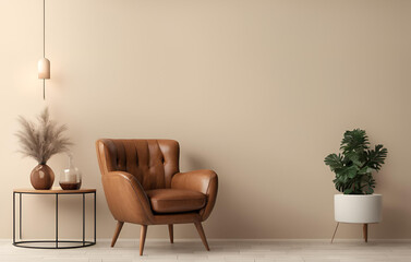 Photo home interior with armchair and decor in cream, Cream room wall mock up in warm tones with leather armchair and decoration minimal3d rendering