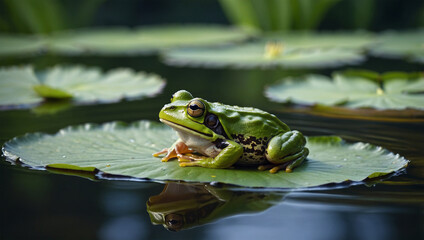 Green frog sitting on a lily pad in a tranquil pond with water lilies.
