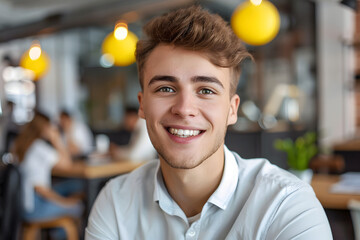 A close-up portrait of a young male tech professional, smiling confidently, with a modern office setting in the background. 