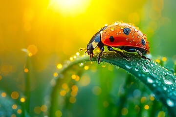 Ladybug on a leaf with water droplets.