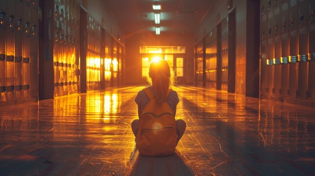 Sunset in School Hallway with Lonely Girl - Generative AI - Powered by Adobe