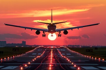 Naklejka premium Aircraft ascending at sunset from airport runway in stunning departure scene with vibrant sky colors