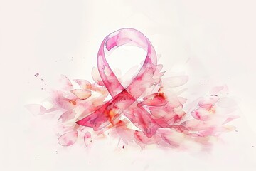 Ruban rose entouré de pétales aquarelle sur fond clair, symbolisant la lutte contre le cancer du sein