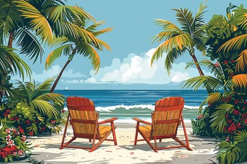 砂浜のヤシの木の下にある2つのビーチチェアのベクターイラスト