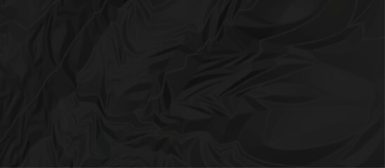 black wrinkly backdrop paper background. panorama black grunge wrinkly paper texture. black crumpled and top view textures can be used for background of text or any contents.	