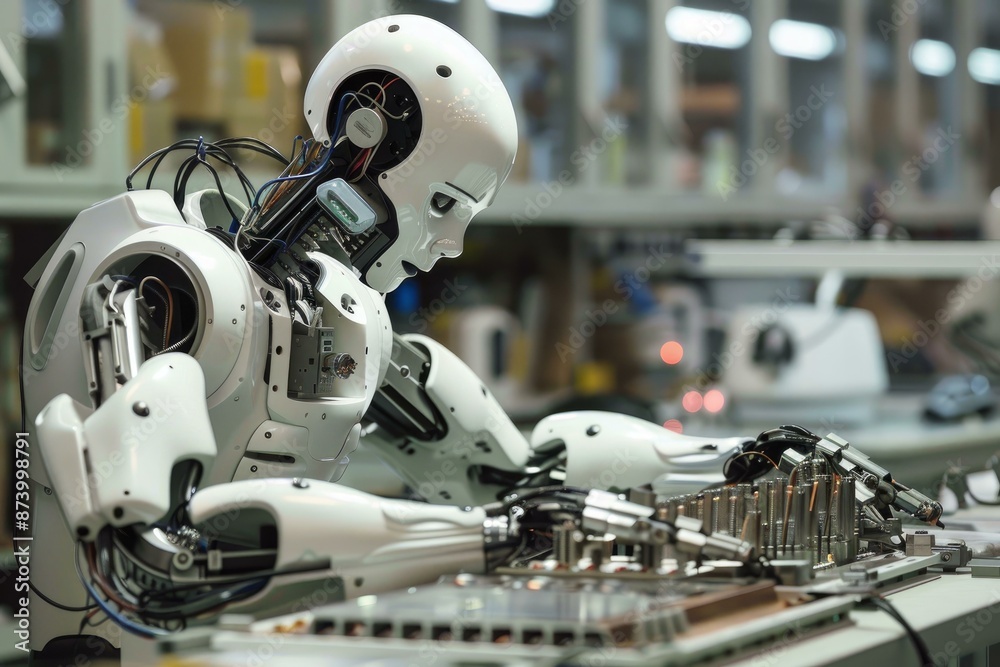 Poster humanoid robot with intricate wiring works on electronics assembly in a hightech factory setting