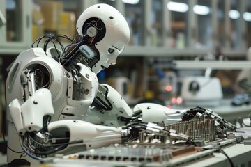 Fototapeta premium Humanoid robot with intricate wiring works on electronics assembly in a hightech factory setting