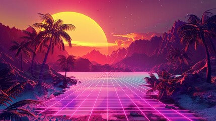 Surreal tropical landscape with neon grid foreground and vibrant sunset, blending retro-futuristic and cyberpunk aesthetics.