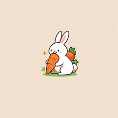 A cartoon rabbit is holding a carrot in its mouth