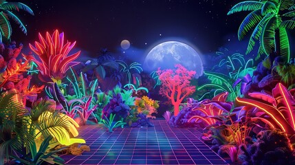 Vibrant neon jungle scene at night with glowing plants and a full moon, featuring a digital grid path. 