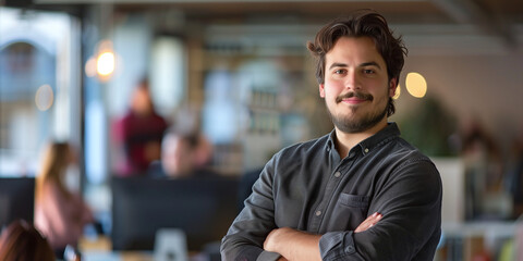 Obraz premium Confident Young Man with Mustache and Beard in Modern Office Setting