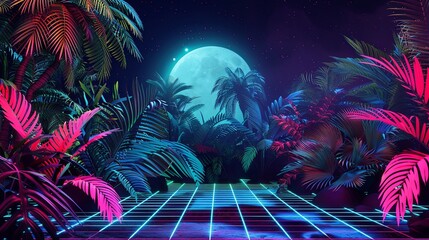 Vibrant neon jungle scene at night with glowing plants and a full moon, featuring a digital grid path. 