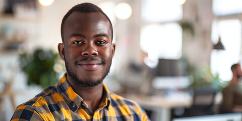 Fototapeta premium Smiling Young Man in a Yellow Plaid Shirt in Modern Office Setting