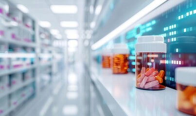 Fototapeta premium Futuristic clinic with digital interfaces showing medication data, Medication Clinic, technological advancement