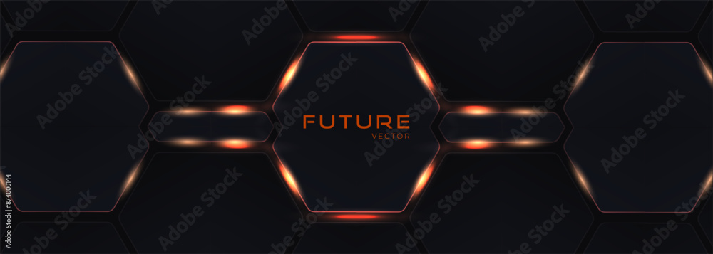 Poster Dark hexagon gaming abstract vector background with orange colored bright flashes. Hexagonal gaming vector illustration wide banner.
