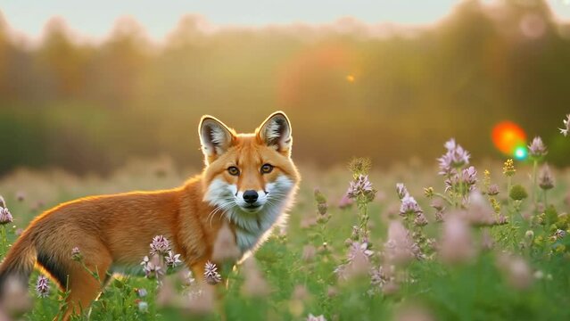 Majestic red fox in a blooming meadow at sunset