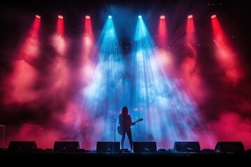 A mesmerizing scene featuring the silhouette of a guitarist illuminated by spotlights on a stage filled with colorful smoke, capturing the essence of live music performance.