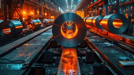 Hot Steel Coils in Rolling Mill. Hot steel coils being processed in a rolling mill, highlighting the intense heat and precision of the steel manufacturing process.