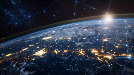 Illustration depicting planet Earth enveloped in a network grid, symbolizing space technology and comprehensive internet coverage of the Earth.