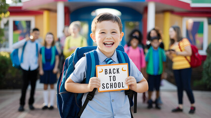 Cheerful boy holding blackboard with back to school sign. Boy with backpack holding in his hand chalk board with inscription Back to school. Cute smiling schoolboy in uniform standing with blackboard.