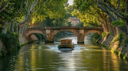 Canal du Midi in Toulouse with Boat, Bridge and Barge on Waterfront