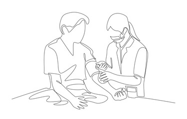 Continuous one line drawing of nurse measure blood pressure for patient, medical checkup concept, single line art.