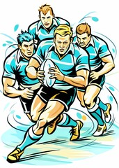 Fototapeta premium Rugby Players in Intense Match Action, perfect for sports magazines, rugby training guides, promotional materials for rugby clubs, or motivational content for athletes.