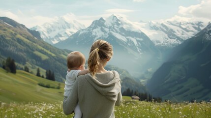 Obraz premium Mother and Child Admire Swiss Mountain Views