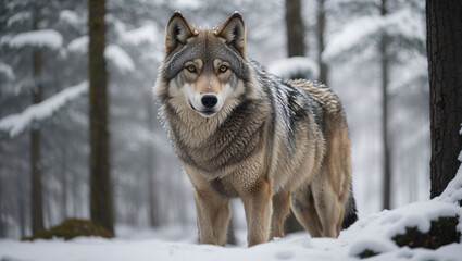 The image is of a grey wolf standing in a snowy forest. It is looking directly at the camera.

