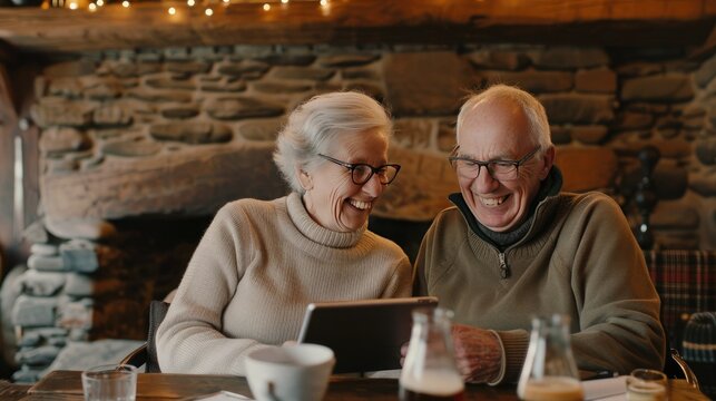 Laughter by the Fireplace: Senior Couple Enjoying a Digital Moment