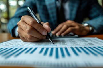 Fototapeta premium Focused individual using a pen on financial documents, emphasizing data analysis, record-keeping, and the importance of precision in business finance operations.